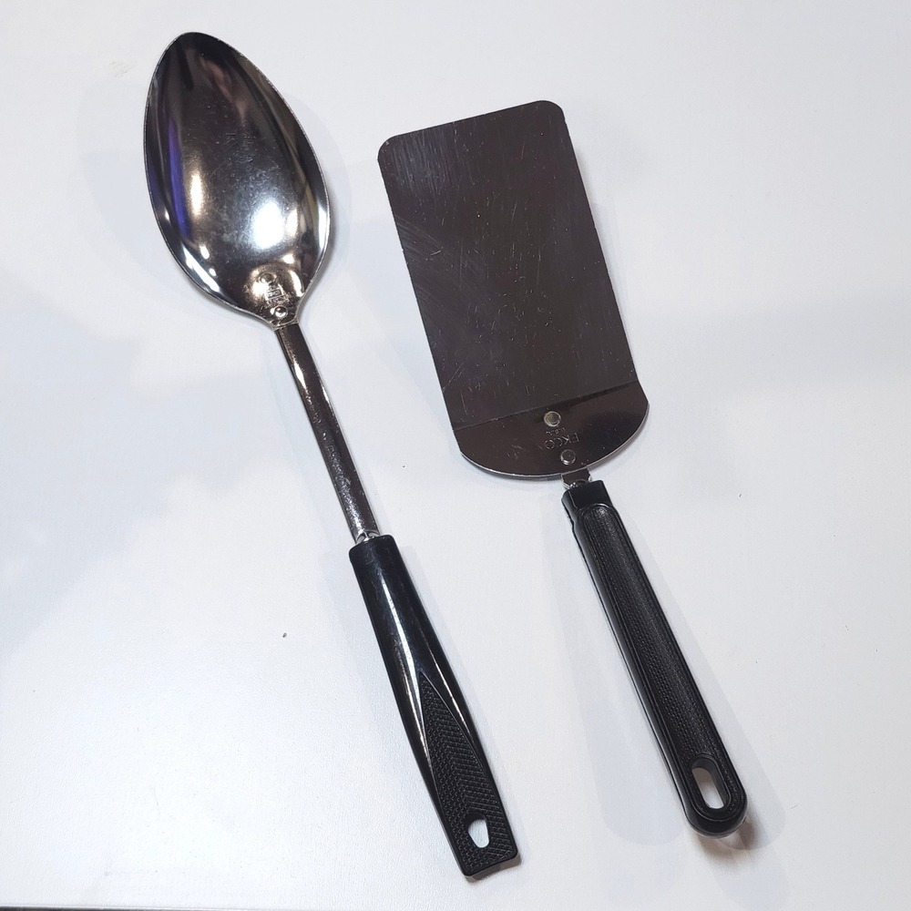Vintage EKCO Spatula Turner Serving Spoon MCM Retro Black Handle Utensil Set- 2